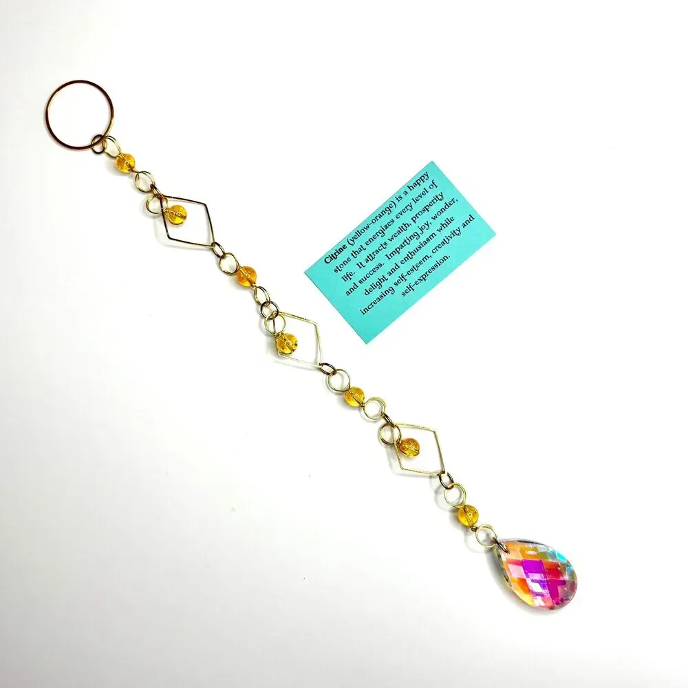 Citrine Bead Wall Hanging | Gold Diamond Frame | Aurora Borealis Teardrop Prism